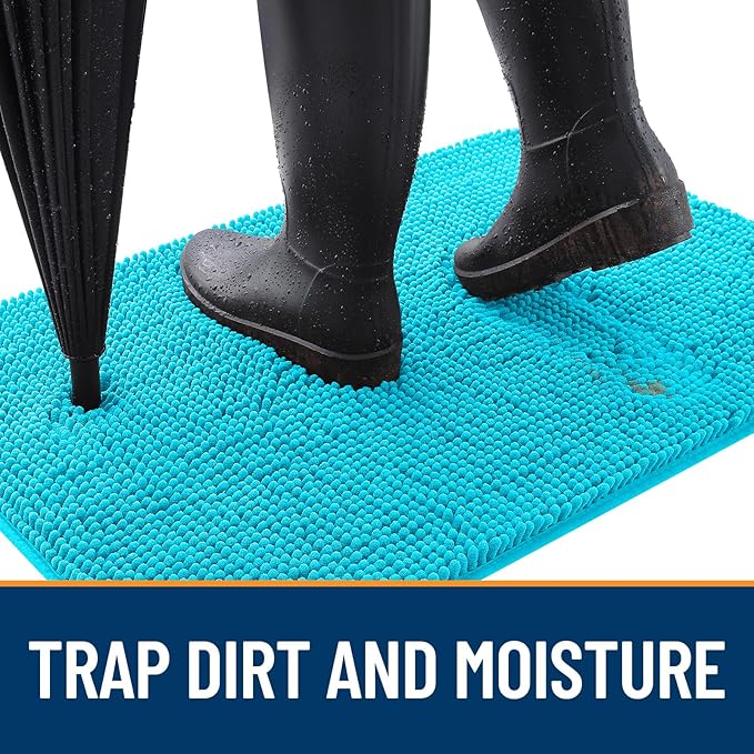 OLANLY Dog Door Mat for Muddy Paws 50x30, Absorbs Moisture and Dirt, Absorbent Non-Slip Washable Doormat, Quick Dry Chenille Mud Mat for Dogs, Entry Indoor Entryway Carpet for Inside Floor, Aqua Blue