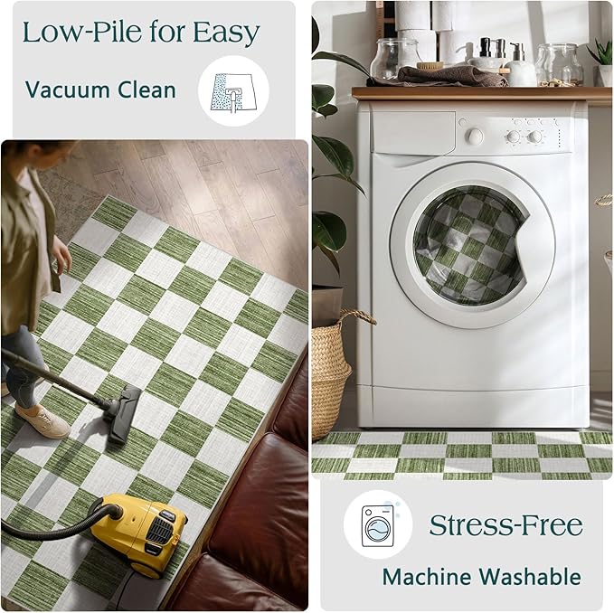 Front Door Mat Indoor Entrance - 2x4.3 Ft Green White Non-Slip Washable Doormat Outdoor Entrance Porch Rug Checkered Runner Rug for Kitchen Hallway Bedroom Laundry Room Porch Decor
