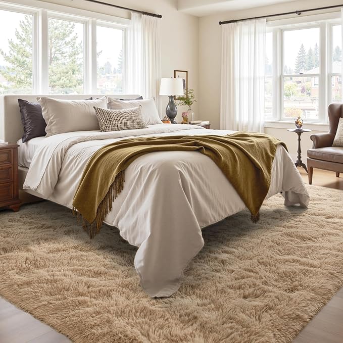 5x7 Ft Shag Beige Rugs for Bedroom Living Room, Ultra Soft Fluffy Furry Area Rugs for Playroom Indoor Floor, Aesthetic Carpet for Kids Home Decor
