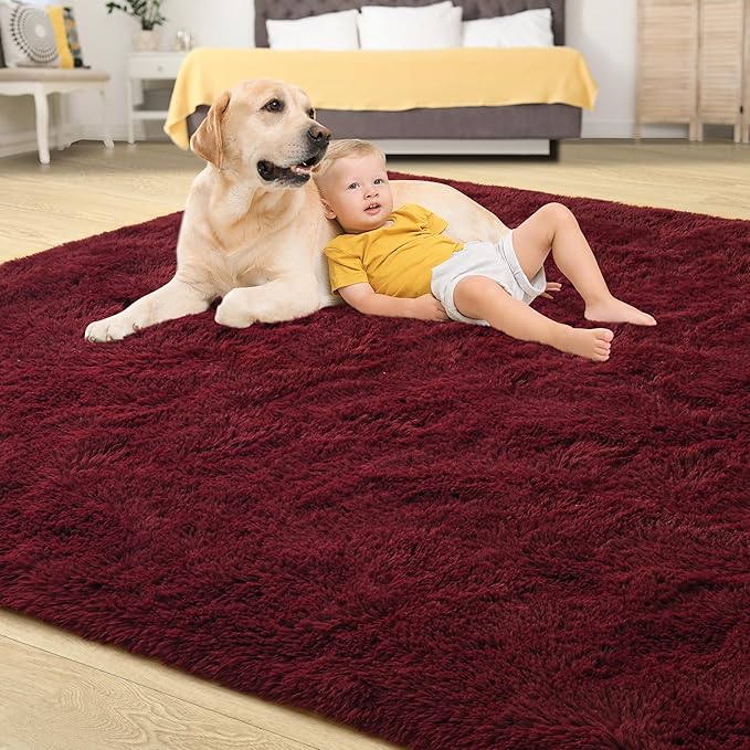 Tepook Soft Fluffy Rugs for Bedroom, 4x6 Area Rug for Living Room, Modern Shaggy Room Rug for Kids Boys Girls, Plush Throw Rugs Indoor Nursery Home Decor Rug with Non-Slip Bottom, Burgundy Red