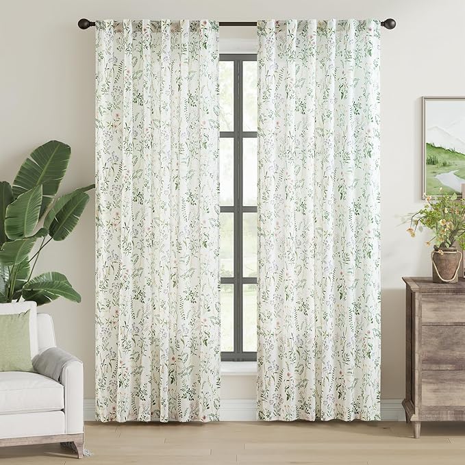 jinchan Floral Linen Blend Curtains for Living Room 84 Inch Length French Country Farmhouse Printed Curtains Sage Green on White Rod Pocket Back Tab Light Filtering Window Drapes 2 Panels