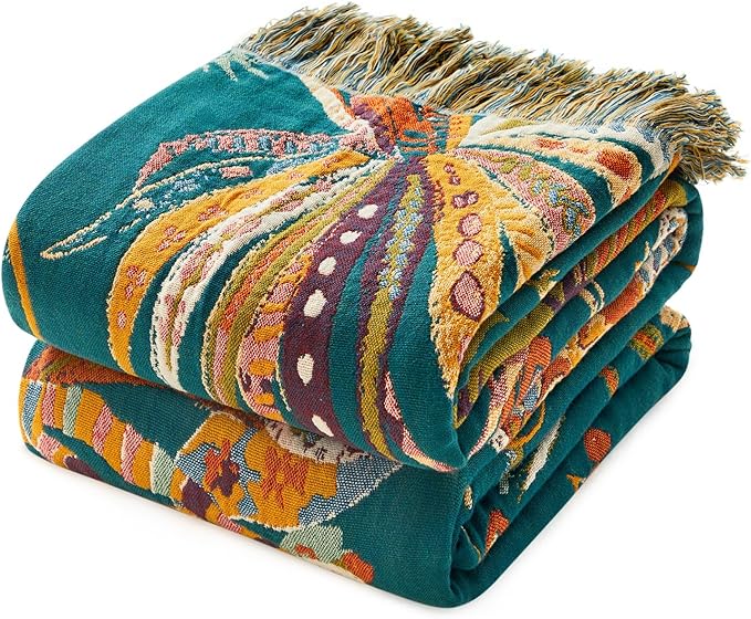 MSGKV Boho Throw Blanket for Couch 100% Cotton Embroidery Blanket 50"x60" Sofa Bed Chair Muslin Spring Breathable All Seasons Lightweight Farmhouse Blankets Home Decor