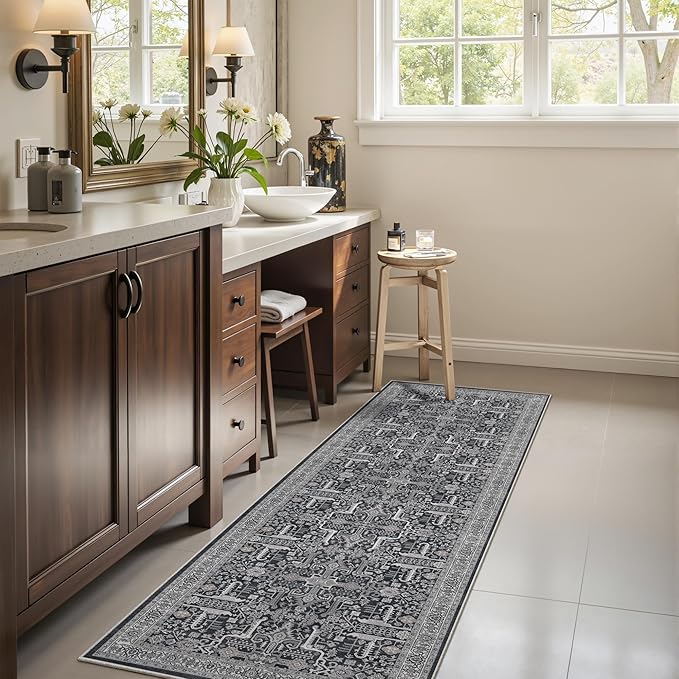Washable 2x8 Runner Rug - Non Slip Vintage Kitchen Runner Rugs Low-Pile Distressed Long Rugs for Hallway Waterproof Indoor Carpet for Living Room Bedroom Entryway 2x8 Black