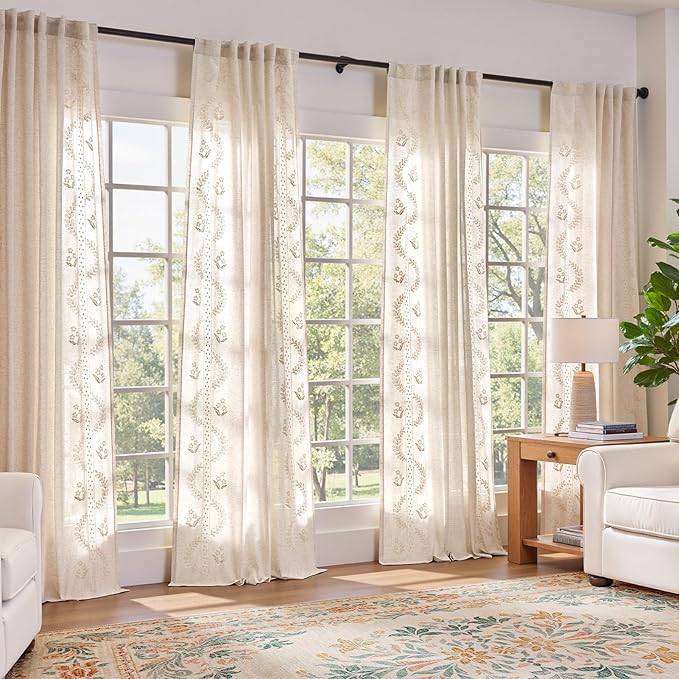 jinchan Belrose 4 Panel Curtains Set 84 Inch Length Floral Curtains Ivory Embroidered Drapes Farmhouse Flower Patterned Drapes for Living Room Bedroom Window Treatments