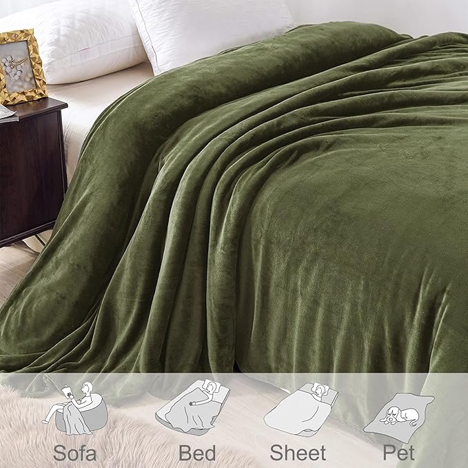 Exclusivo Mezcla Fleece Throw XL Blanket for Couch, Sofa, Super Soft and Warm Olive Green Blankets, All Season, Cozy, Plush, Lightweight, 50x70 Inches
