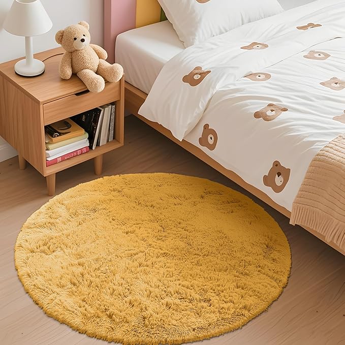 OLANLY Mustard Yellow Round Rugs for Bedroom - Machine Washable, 3 ft Circle Area Rugs for Living Room, Soft and Fluffy Shaggy Carpet for Teen Girl and Boys, Nursery Rooms, Dorms, Home Decor Aesthetic