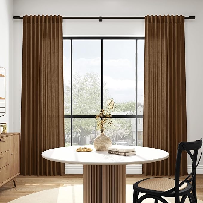 Tobacco Brown Linen Curtains 90 Inch Long for Bedroom Living Room Linen Textured Window Drapes Semi Sheer Light Filtering Rod Pocket Back Tab Cotton Textured Farmhouse Curtain 52x90,2 Panels