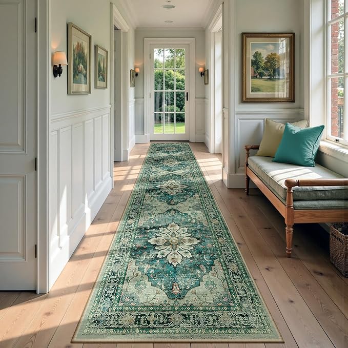 Area Rugs 2'6''x14' Runner Rug Non Slip Washable for Kitchen Hallway Bedroom Beside Laundry Room Bathroom Rug, Floor Carpet, Dark Blue Vintage