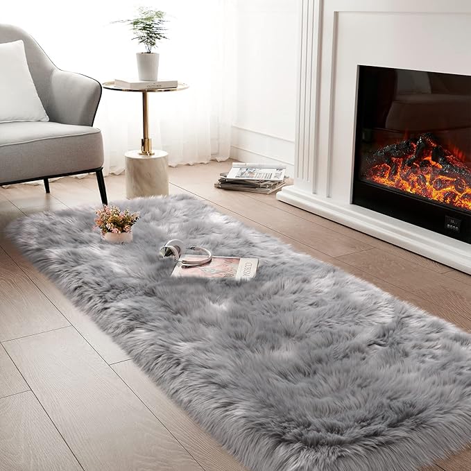 Grey Fluffy Rug for Bedroom, 2'X6' Faux Fur Rug for Runner, Gray Soft Shag Rug for Sofa Couch Cushion, Cozy Shaggy Fuzzy Plush Floor Carpet for Nursery, Cute Bedside Dorm Home Decor Rectangle