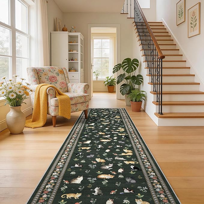 2x10 Washable Hallway Runner Rug - Soft Low Pile Floral Animal Cat Print Rugs with Non-Slip Backing Waterproof Stain-Resistant Indoor Carpet for Kitchen Entryway Bathroom Bedroom (Sage Green)