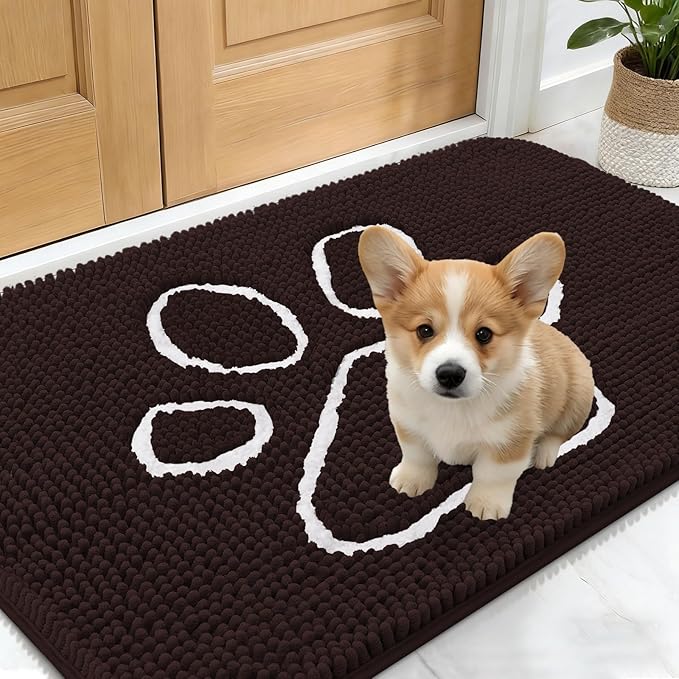 OLANLY Dog Door Mat for Muddy Paws 24x16, Paw Print Design, Absorbs Moisture and Dirt, Absorbent Non-Slip Washable Doormat, Quick Dry Chenille Mud Mat for Dogs, Entry Indoor Entryway Carpet, Brown