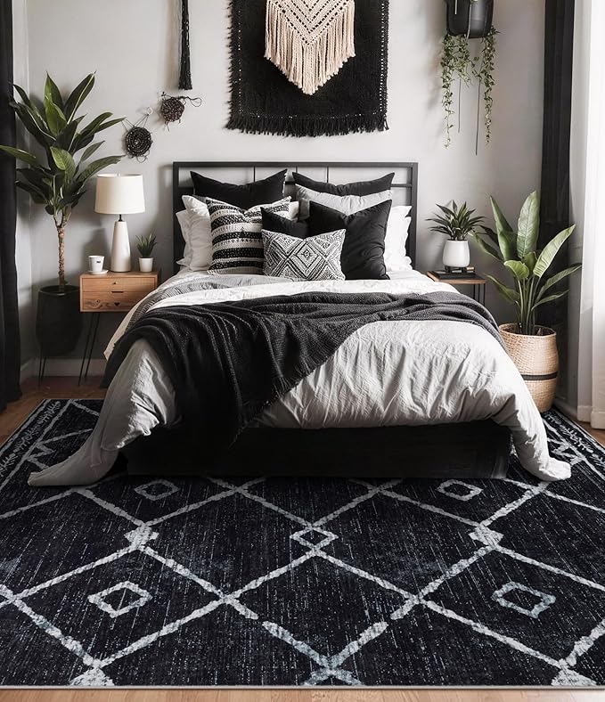 YIHOUSE Moroccan Area Rugs for Living Room 5x7, Black and White Aztec Rug, Western Geometric Soft Low-Pile Washable Rugs for Bedroom, Dining Room