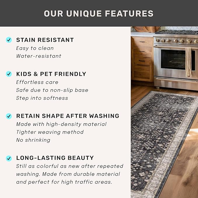 Hazo Haus Black Farmhouse Washable 7x10 Area Rugs for Living Room, Bedroom, Dining Room Table, Dark Charcoal Stain Resistant Non-Slip Large Washable