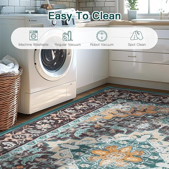 Lofus 5x7 Area Rugs for Living Room, Washable Area Rug, Rugs for Bedroom, Kitchen, Vintage Boho Carpet, Soft Non-Slip, Low Pile Large Area Rug for Office Dining Room, Floral Green