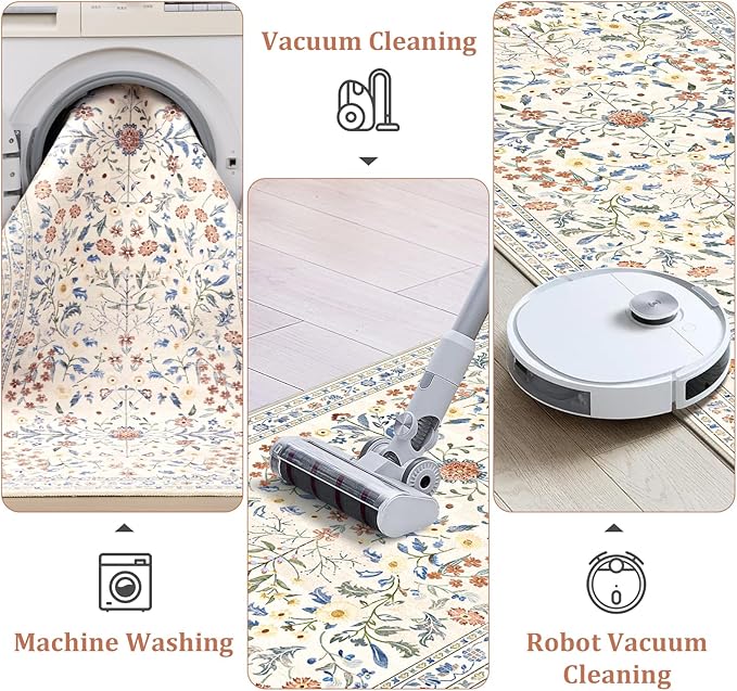 Yamaziot Washable Runner Rug 2x8 – Boho Non Slip Floral Hallway Runner Rug with Rubber Backing, Low Pile Distressed Carpet for Kitchen, Laundry, Bedroom, Entrance, Colorful Beige