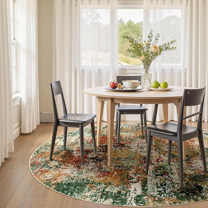 Washable Area Rugs 8ft Non-Slip Modern Abstract Soft for Living Room Entryway Bedroom Nursery, Print Pattern, Green Orange Rust Red Cream Colorful