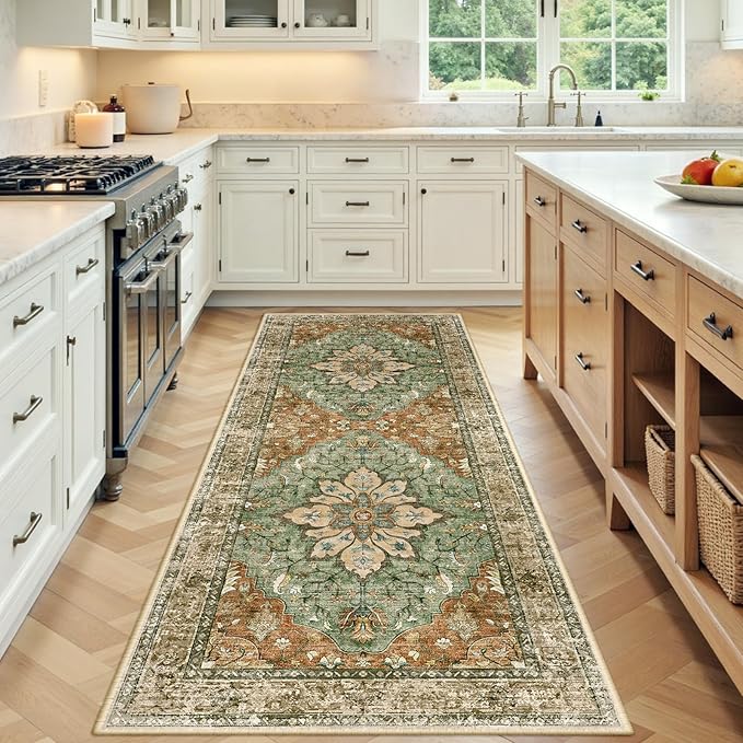 RELEANY Area Rugs 3'x7' Runner Rug Non Slip Washable for Kitchen Hallway Bedroom Beside Laundry Room Bathroom Rug, Floor Carpet, Brick Red Rust Neutral Brown Burnt Orange Green