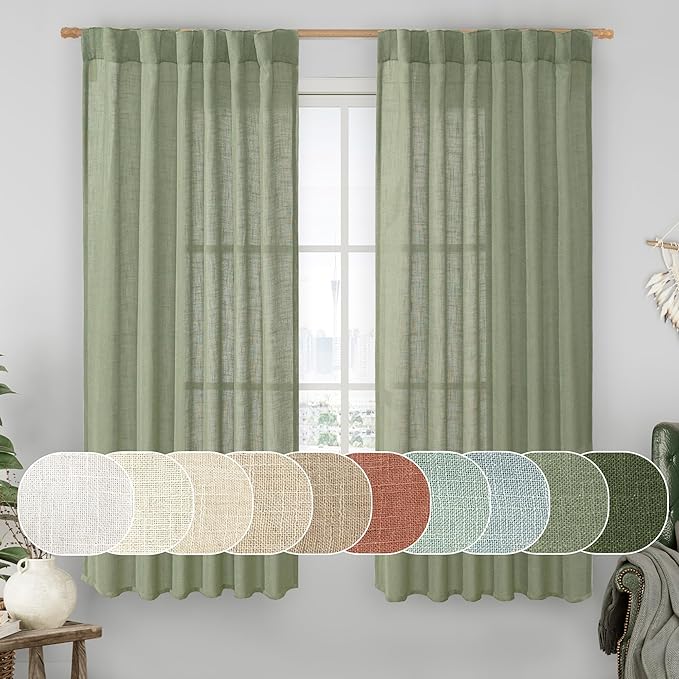 LAMIT Sage Green Linen Curtains 63 Inch for Bedroom, Light Filtering Neutral Semi Sheer Window Curtains Back Tab and Rod Pocket Christmas Panels, 2 Panels, 52 x 63 Inch