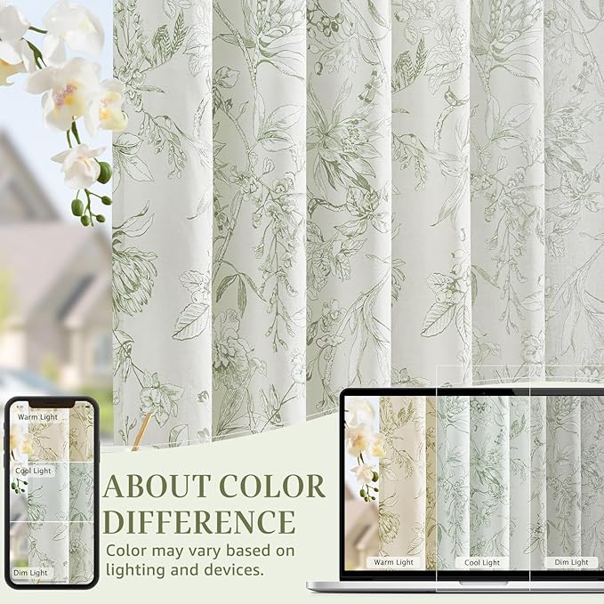 jinchan Floral Curtains 96 Inches Long Sage Green Flower Linen Farmhouse Curtain for Living Room French Country Vintage Curtain Rod Pocket Curtains Set 2 Panels Floral Printed