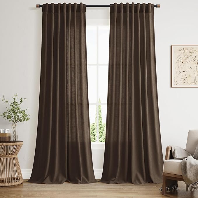 Nanspring Chocolate Linen Blend Light Filtering Back Tab Curtains 96 Inches Long, Semi Sheer Privacy Drapes for Living Room & Bedroom, 52x96 inch, 2 Panels