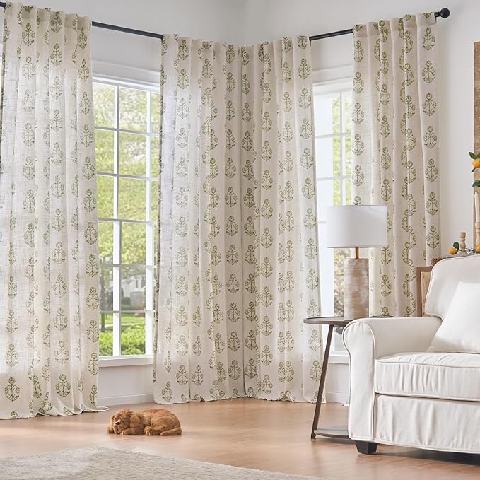 jinchan Linen Floral Curtains for Living Room 96 Inch Length Green Flower Cottage Core Farmhouse Curtains Rod Pocket Back Tab Boho Semi Sheer Window Drapes Bedroom Set 2 Panels Green on Beige