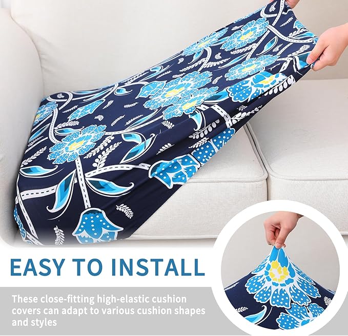 hyha Printed Couch Cushion Covers, Floral Sofa Covers Washable for 3 Cushion Couch, Stretch Pattern Outdoor Cushion Covers for Patio Furniture with Elastic Bottom(3 Packs, Bluebell)