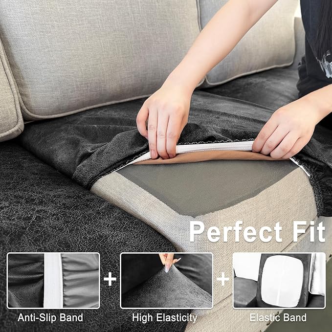 Leather Look Couch Cushion Covers Sofa Seat Slipcovers Sets Couches Furniture Protector for Sectional Armchair Loveseat Pets Kids Stretch Spandex Fabric (1 Cushion Loveseat, Dark Grey)