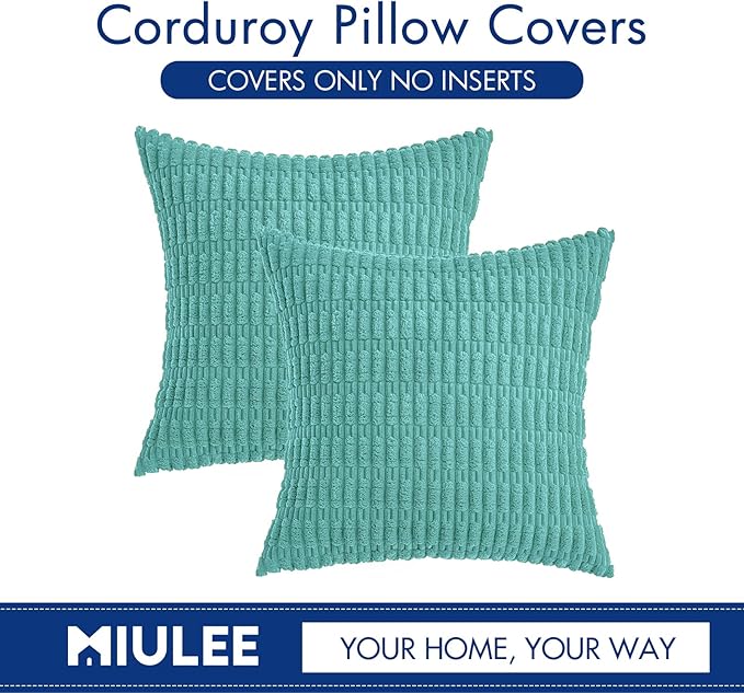 MIULEE Pack of 2 Corduroy Decorative Throw Pillow Covers 18x18 Inch Soft Boho Striped Pillow Covers Modern Farmhouse Home Decor for Summer Sofa Living Room Couch Bed Aqua Green
