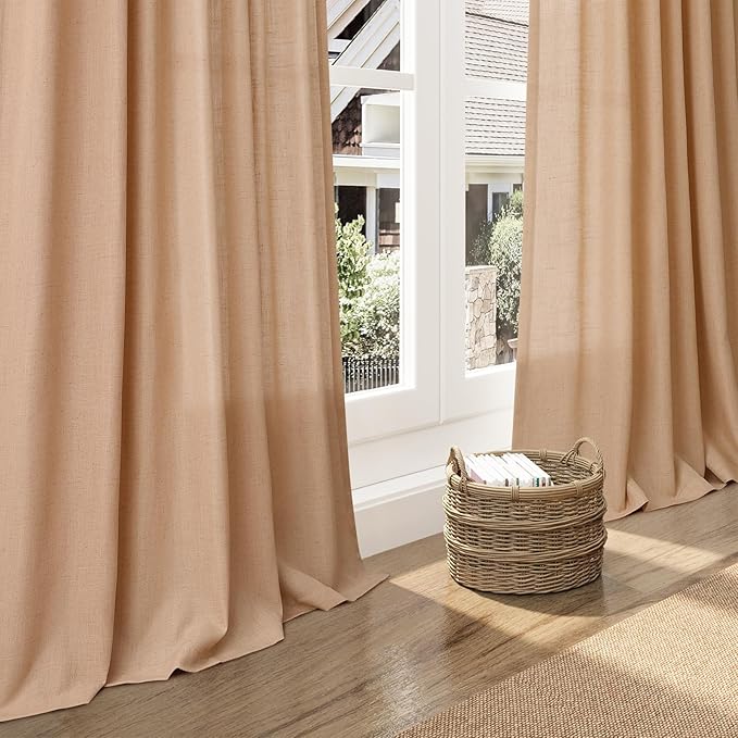 Camel Linen Curtains 96 Inches Long for Living Back Tab Rod Pocket Vintage Rustic Farmhouse Light Filtering Curtain Burlap Textured Linen Drapes 96 Inch Length for Dinning Room Bedroom 52x96