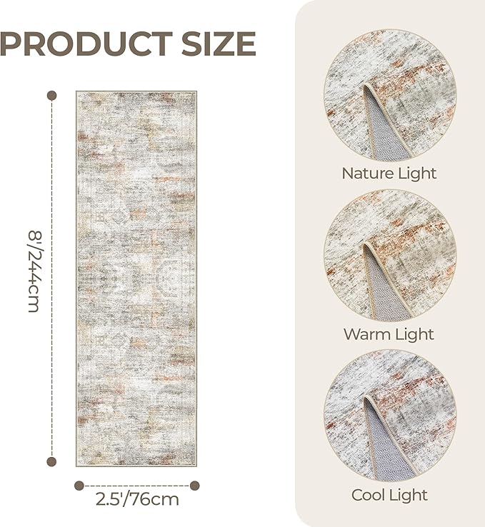 Kitchen Runner Rug Non Slip - 2.5 x 8 Runners for Hallways, Entryway, Bedroom, Washable Runner Rugs for Bathroom, Laundry Room, Low Pile Soft Vintage Area Rug(2.5'x8', Grey/Rust)