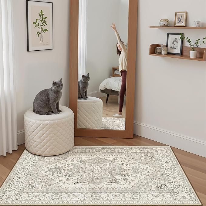Madane Washable Area Rug 2x3, Small Entryway Rug Non-Slip Vintage Door Mat Indoor Entrance, Low Pile Floor Carpet for Inside Front Door Bedroom Kitchen Entry Laundry (2'x3', Beige/Brown)
