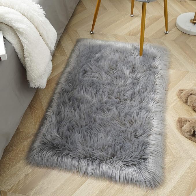 LOCHAS Soft Fluffy Faux Fur Rugs for Bedroom Bedside Rug 2x3 Feet, Washable, Furry Sheepskin Area Rug for Living Room Girls Room, Luxury Shag Carpet Home Decor, Grey