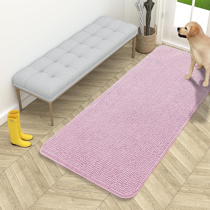 OLANLY Dog Door Mat for Muddy Paws 54x24, Absorbs Moisture and Dirt, Absorbent Non-Slip Washable Doormat, Quick Dry Chenille Mud Mat for Dogs, Entry Indoor Entryway Carpet for Inside Floor, Dusty Rose