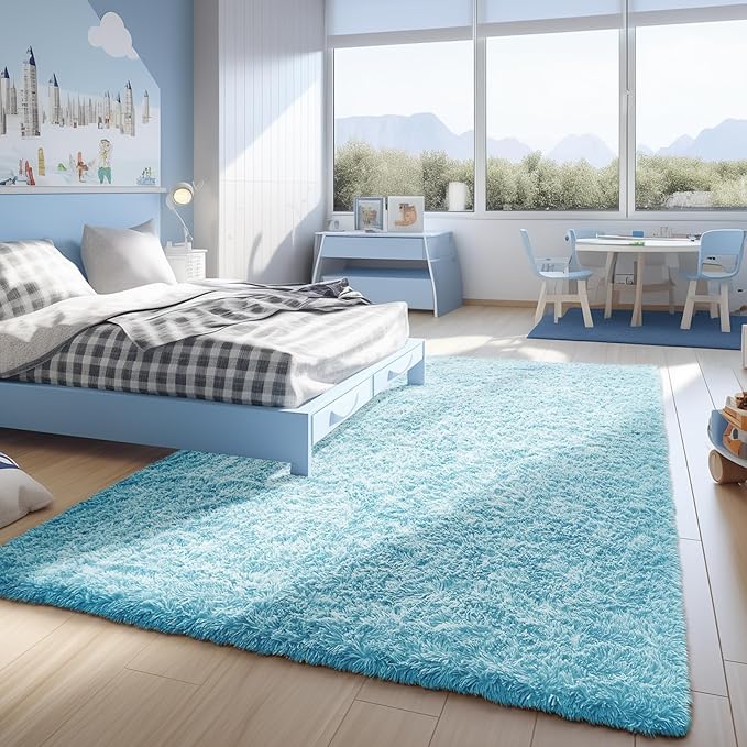 Ophanie Light Blue Rug, Boys 4x6 Rugs for Bedroom Carpet Nursery Aesthetic, Kids Playroom Area Rugs for Girls Teen Home Decor, Fluffy Shag Bedside Floor Living Room Carpet
