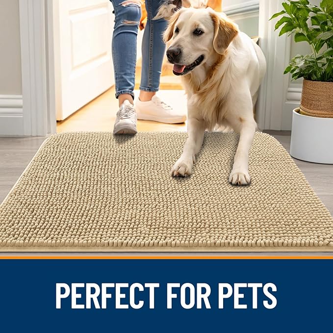 OLANLY Dog Door Mat for Muddy Paws 44x24, Absorbs Moisture and Dirt, Absorbent Non-Slip Washable Doormat, Quick Dry Chenille Mud Mat for Dogs, Entry Indoor Entryway Carpet for Inside Floor, Beige