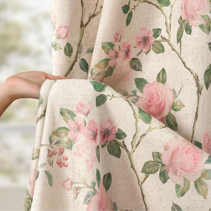 Vintage Floral Blackout Curtains 84 Inch, 2 Panels Spring Linen Texture Farmhouse Drapes for Living Room Bedroom Printed Flower Design Rod Pocket