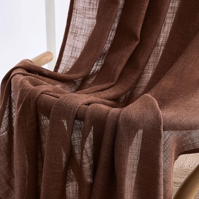 MIULEE Chocolate Brown Linen Curtains 54 Inch Length 2 Panels for Bedroom Living Room, Soft Thick Linen Textured Natural Short Window Drapes Semi Sheer Light Filtering Back Tab Rod Pocket