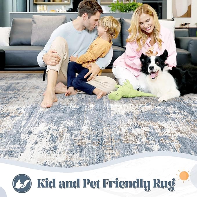 XLUEZ 10x14 Area Rugs for Living Room, Washable Modern Abstract Large Area Rug Neutral Soft Non Slip Kids Rug Stain Resistant Indoor Carpet for Bedroom Dining Room Playroom Home Office(Blue, 10'x14')