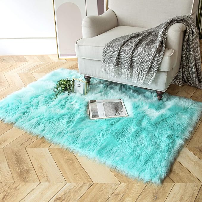 Ashler Faux Fur Area Rug, Fluffy Shaggy 3 x 5 Feet Rectangle Turquoise Fuzzy Machine Washable Shag Rug for Nursery, Kids & Living Room