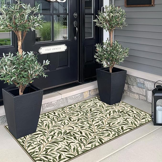 Front Door Mat Indoor Entrance - 2x4.3 Ft Boho Washable Layered Doormat Outdoor Entrance Porch Rug Non-Slip Spring Sage Green Leaf Runner Rug for Kitchen Bedroom Laundry Room Porch Decor