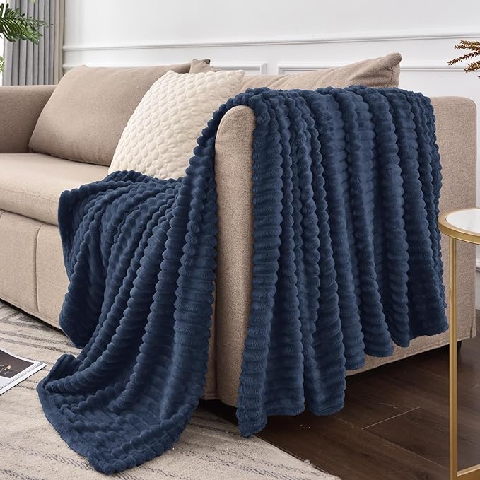 BEDELITE Fleece Throw Blanket for Couch – 3D Ribbed Jacquard Soft and Warm Decorative Fuzzy Blanket – Cozy, Fluffy, Plush Lightweight Navy Throw Blankets for Bed, Sofa, 84x90 inches