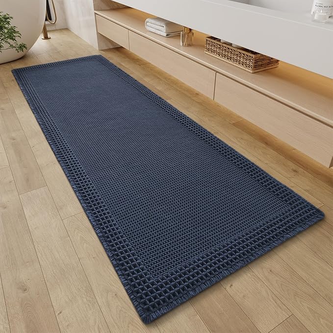 RESARE Waffle Bathroom Runner Rugs, Super Absorbent Bath Mat Non Slip Washable Quick Dry, Upgraded Ultra Soft Boho Bath Rugs with Tassels for Hallway Bedroom Laundry Room, 2'x5'(24"x60"), Navy