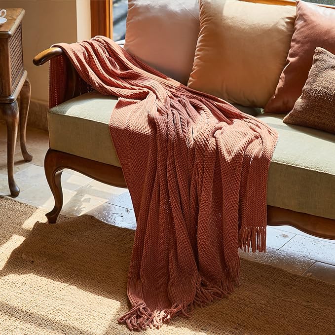 lifein Throw Blanket for Couch, Soft Boho Decor Bed Throw,Cozy Burnt Orange Chenille Knitted Small Farmhouse Lightweight Throw (Rust,60 * 80")