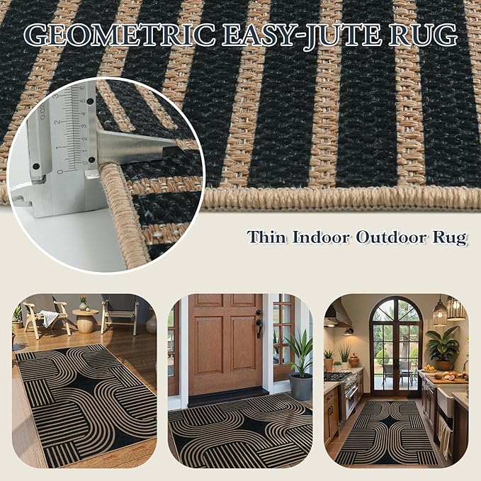 Lahome Enfys Modern Geometric Outdoor Easy Jute Rug, 3x5 Indoor Outdoor Rugs for Entryway Black Living Room Carpet, Farmhouse Washable Non Slip Carpet for Patio Courtyard Bedroom