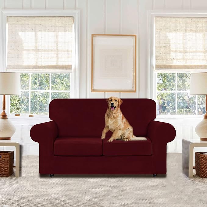 WEERRW Velvet Couch Covers for 2 Cushion Couch Sofa - High Stretch Luxury Velvet Plush 3 Pieces Sofa Slipcovers with Elastic Bottom, Furniture Protector for Pets, Machine Washable, Burgundy, Medium