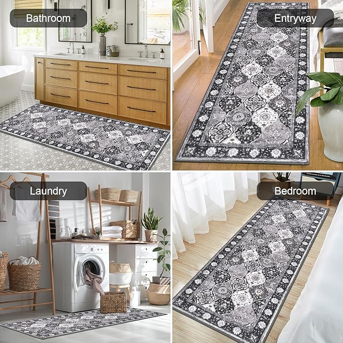 HEBE Hallway Runner Rug 2'x6' Washable Vintage Distressed Area Rugs Non Slip Laundry Rug Runner Boho Floor Carpet Runners for Hallways Entryway Laundry Room Kitchen Bathroom