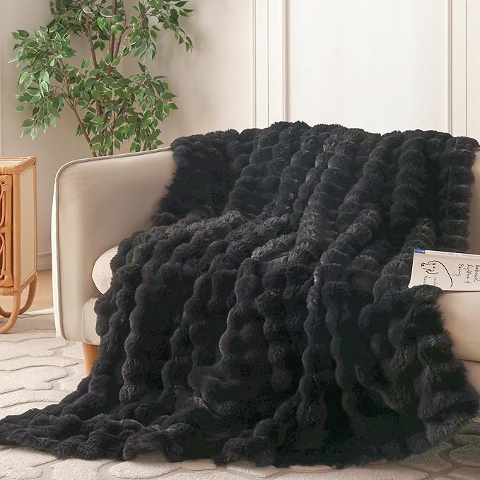 COOVA Faux Fur Throw Blanket for Couch, Cozy Soft and Fuzzy Plush Rabbit Fur Bubble Blanket for Sofa Bedroom Living Room, 50x60 Inches Black