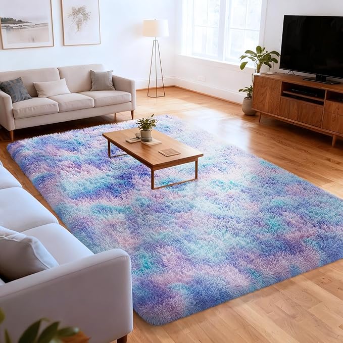 Ophanie Rainbow Purple Mermaid Rugs for Living Room 6x9, Kids Fluffy Shag Fuzzy Plush Soft Carpets, Floor Shaggy Area Rugs for Bedroom, Carpet for Kids Girls Dorm Nursery Home Decor Aesthetic