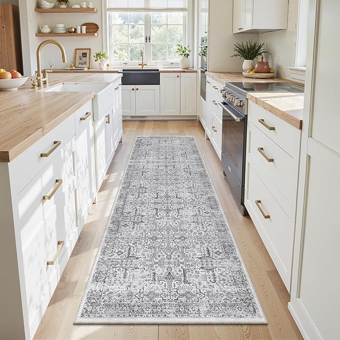 Washable 2x8 Runner Rug - Non Slip Vintage Kitchen Runner Rugs Low-Pile Distressed Long Rugs for Hallway Waterproof Indoor Carpet for Living Room Bedroom Entryway 2'x8' Grey