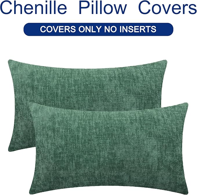 CaliTime Christmas Throw Pillow Covers Decorative 12 X 20 Inches Pack of 2 Cozy Chenille Cushion Cases for Couch Sofa Bed Living Room Home Dark Green